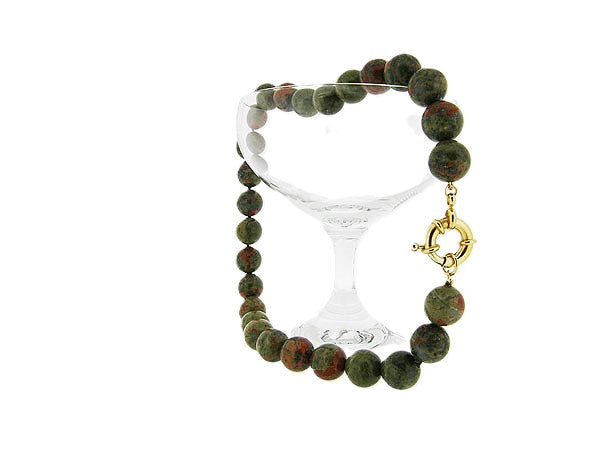 High-gloss Unakite hand-knotted gemstone necklace with large spring clasp