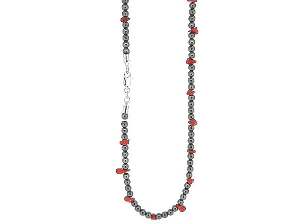 Hematite necklace with gemstones, combined with red chipped beads