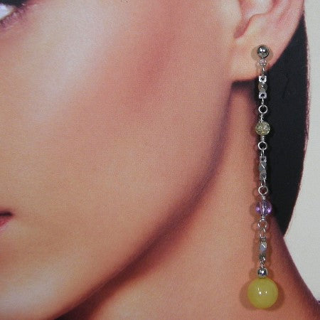 Long drop earring with yellow jade gemstones and crystals