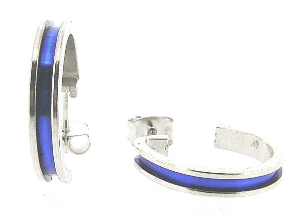 Small silver French hoop earring with blue inlaid enamel