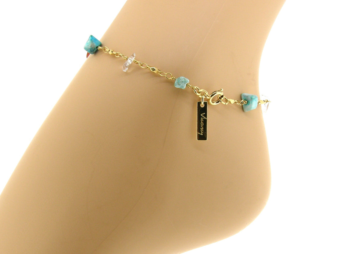 Goldene Fußkette mit bunten, facettierten Edelsteinen