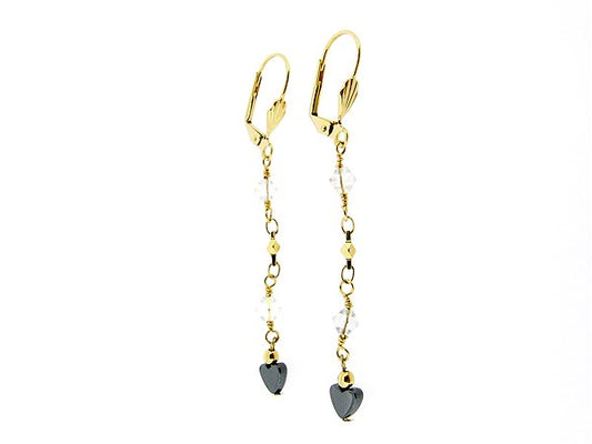 Long drop earrings with clear crystals and hematite gemstone hearts