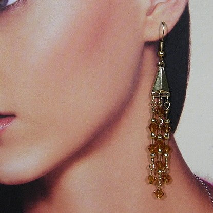 Long earring with 3-row Topaz Swarovski crystals