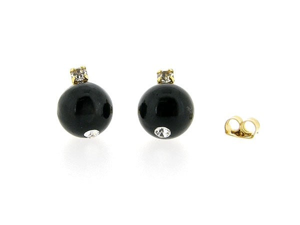 Gold stud earring with Onyx gemstone and gold rhinestone crown