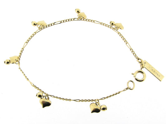Gouden armbandje met fragiele figaro schakeltjes en hoogglanzende hartjes
