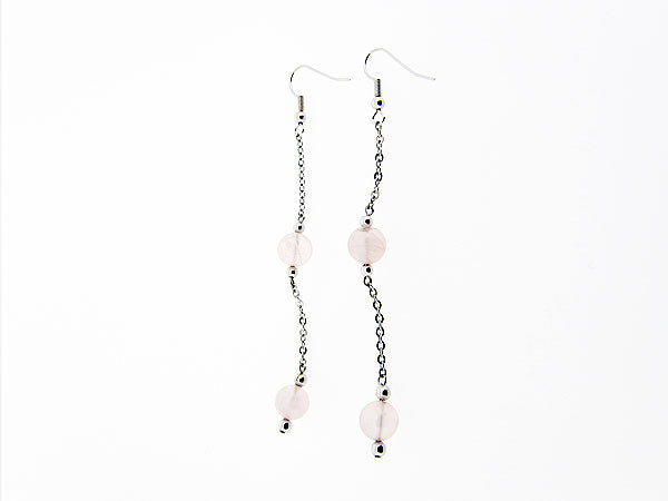 Lange oorhanger met roze kwarts edelsteen