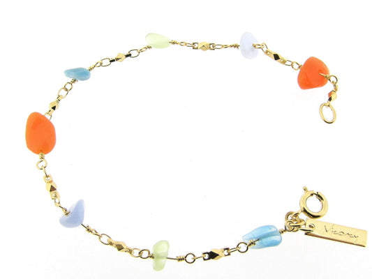 Gouden armbandje met fantasie schakeltjes en gekleurde edelsteentjes