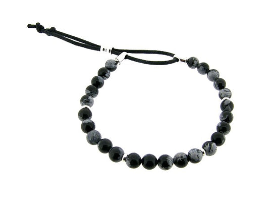 Armbandje met Obsidiaan edelsteentjes en verstelbaar lederen sluiting
