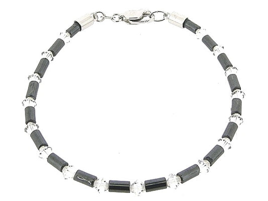 Hematiet armbandje met cilindrische edelsteentjes, gecombineerd met kristallen