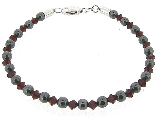 Hematite bracelet with gemstones, combined with red Swarovski stones