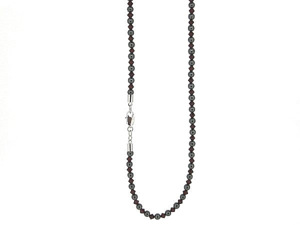 Hämatitkette mit roten Swarovski Kristallen