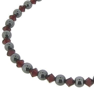 Hämatitkette mit roten Swarovski Kristallen