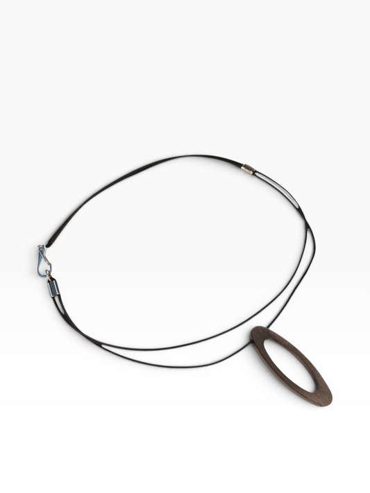 mijnsieradenshop.com necklace with a dark ebony wood oval pendant and stainless steel accents on a black cord