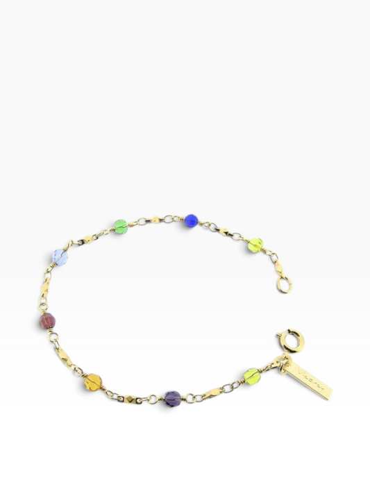 mijnsieradenshop.com delicate gouden schakelarmband met ronde, facetgeslepen, veelkleurige Swarovski-kristallen